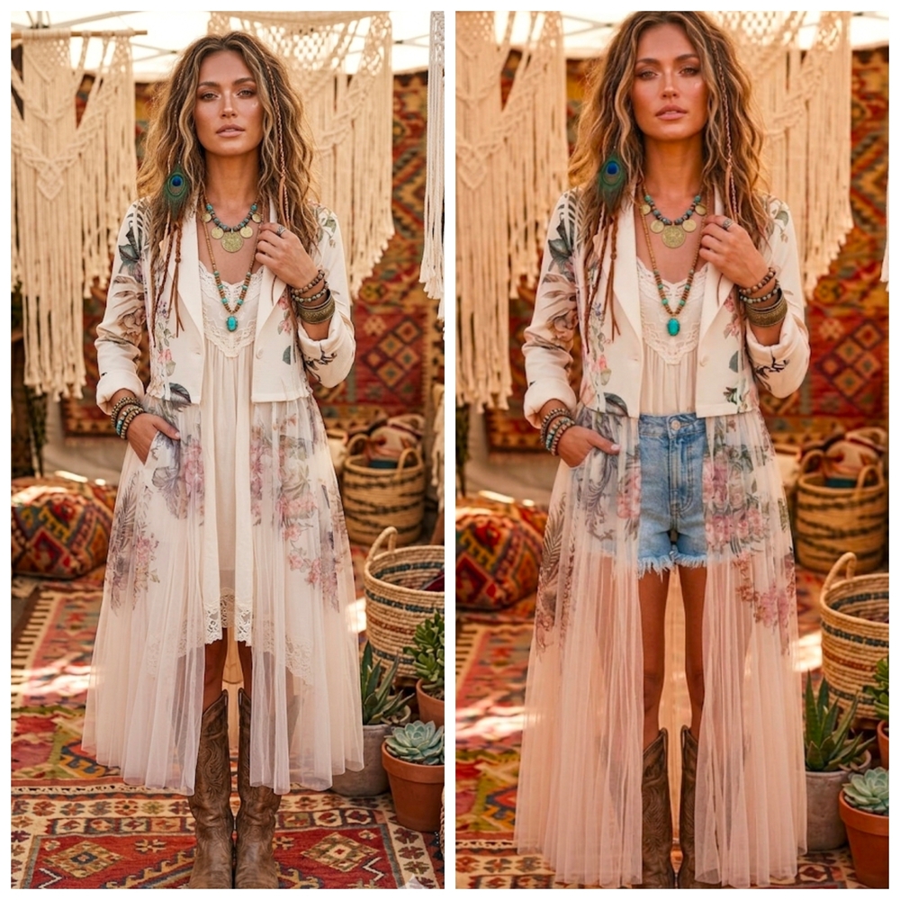 Sheer Floral Boho Duster Cardigan - Cream with Pastel Floral